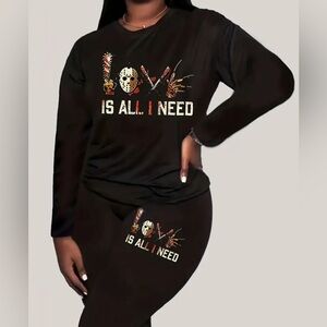 #833 - Halloween Horror Graphic & Slogan Outfit Set Top & Leggings Black Lounge